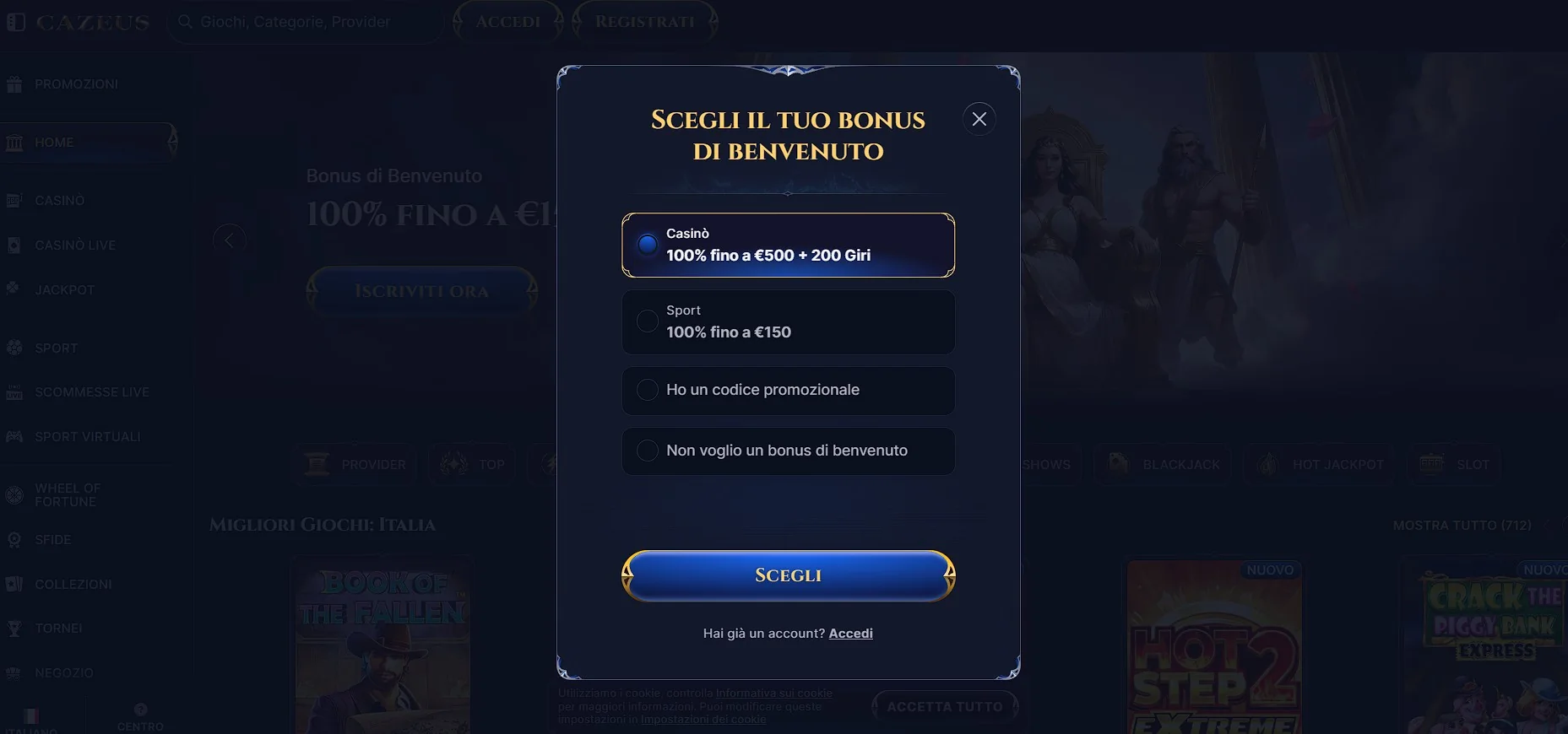 Il bonus di benvenuto Cazeus con 200 giri gratis e raddoppio fino a 500 euro per l'Italia